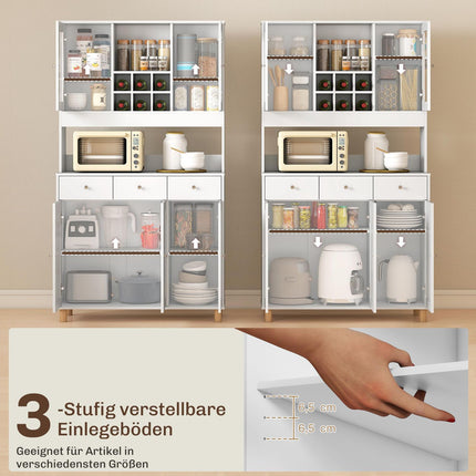 Meuble de cuisine, 180 cm, portes vitrées, étagères réglables, blanc