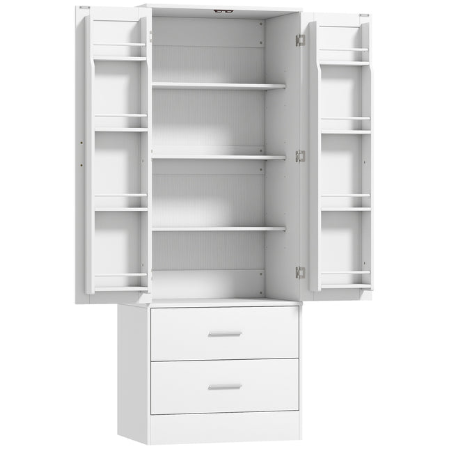Meuble de cuisine, étagères réglables, 2 tiroirs, MDF blanc