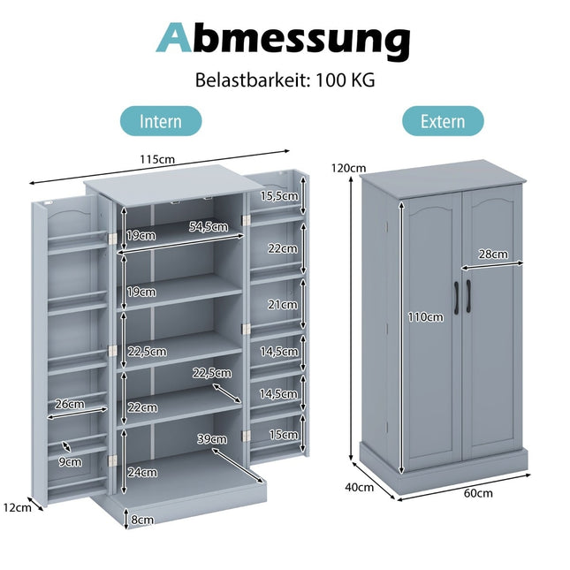 Meuble de cuisine à 2 portes et étagères réglables, gris