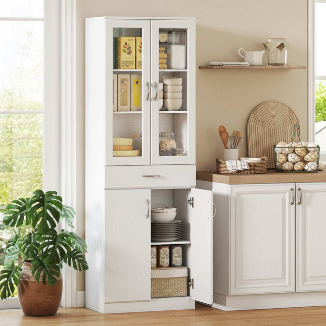 Meuble de cuisine avec étagères réglables, tiroir, porte vitrée, blanc, 60 x 35 x 180 cm