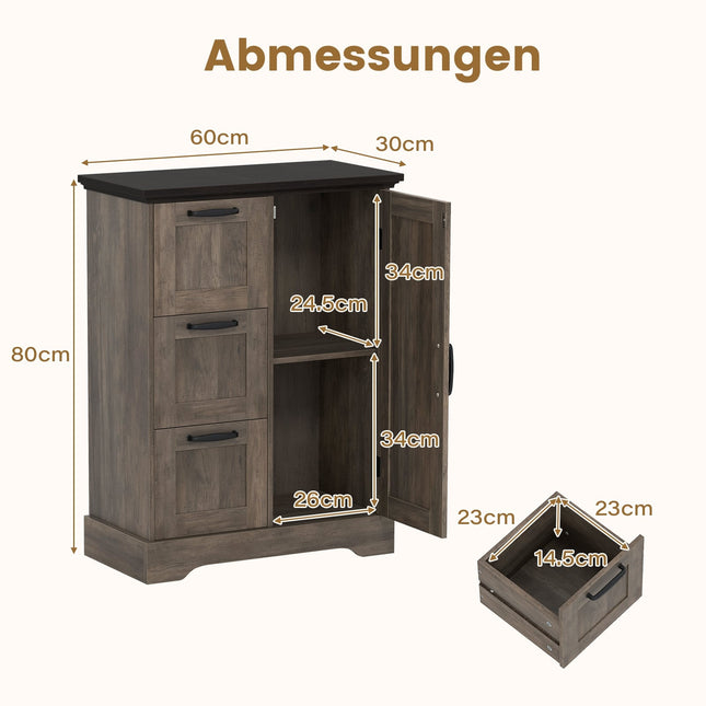 Meuble de cuisine avec porte coulissante et 3 tiroirs, MDF gris