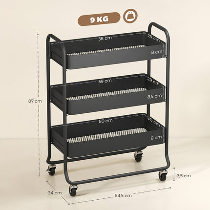 Küchenwagen, 3 Körbe, 4 Rollen, Metall, Schwarz