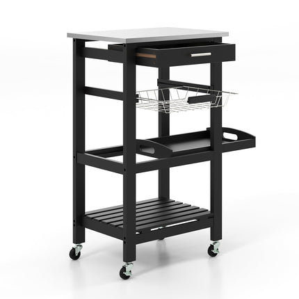 Chariot de cuisine avec plateau en acier inoxydable, noir, 47 x 39 x 85 cm