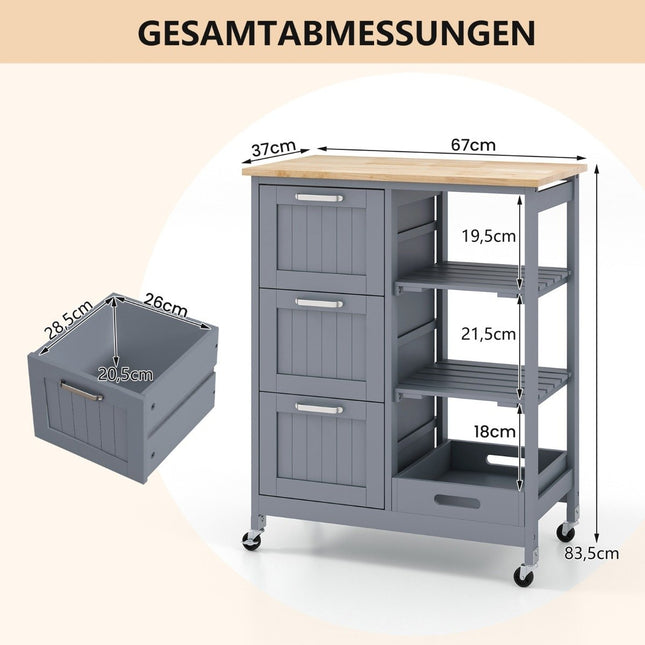 Küchenwagen mit Tablett, Regalen und 3 Schubladen – Grau