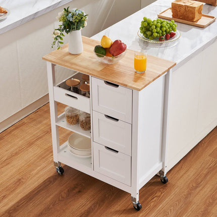 Kitchen Island Cart, 26-Inch Wood Top, 3 Drawers, White