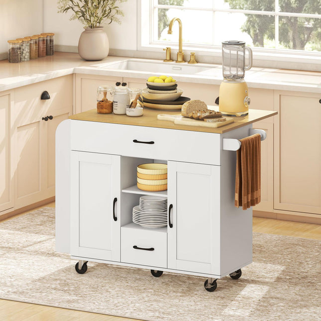 Chariot de cuisine, plateau extensible, fermeture amortie, MDF, blanc