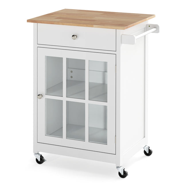 Chariot îlot de cuisine avec plateau en bois et porte en verre