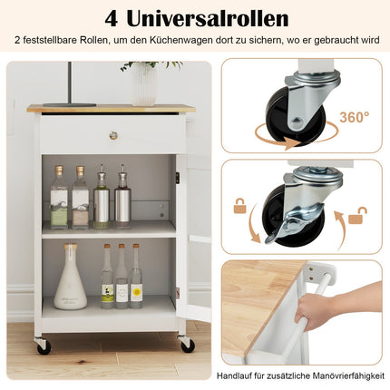 Chariot îlot de cuisine avec plateau en bois et porte en verre