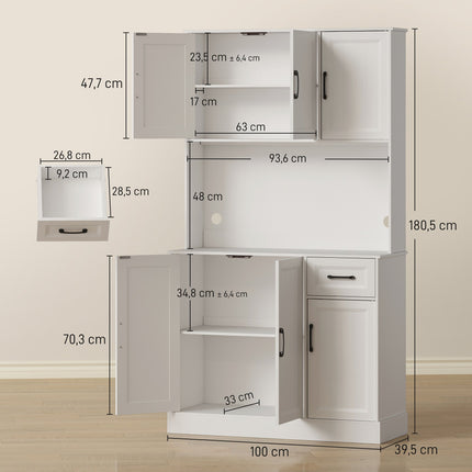 Armoire de cuisine, 180,5 cm, étagères réglables, MDF, blanc