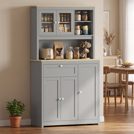 Kitchen Pantry Cabinet 180 cm with Glass Doors and Worktop, Grey, Cable Opening