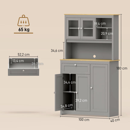 Kitchen Pantry Cabinet 180 cm with Glass Doors and Worktop, Grey, Cable Opening