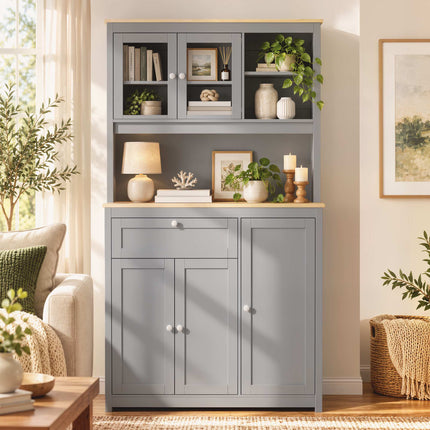 Kitchen Pantry Cabinet 180 cm with Glass Doors and Worktop, Grey, Cable Opening