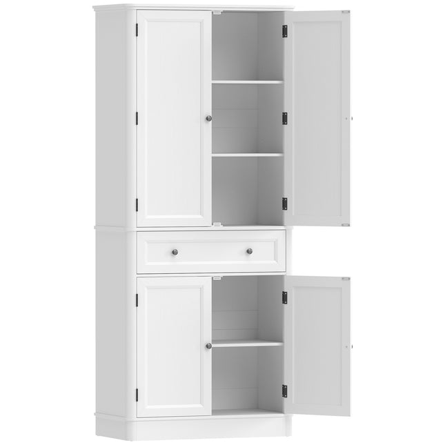 Armoire de cuisine, 4 portes, tiroir, étagères réglables, blanche