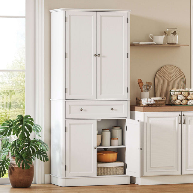 Armoire de cuisine, 4 portes, tiroir, étagères réglables, blanche