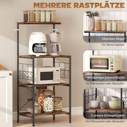 Küchenregal, 4-stöckig, Arbeitsplatte, 8 Haken, Metall, Braun/Schwarz