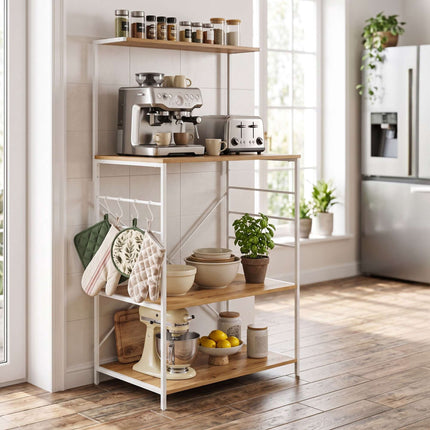 Étagère de cuisine à 4 niveaux avec crochets – Aspect bois, MDF et métal