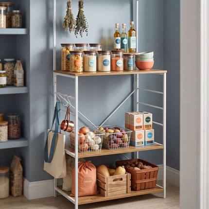 Étagère de cuisine à 4 niveaux avec crochets – Aspect bois, MDF et métal