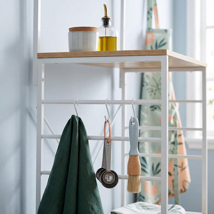 Étagère de cuisine à 4 niveaux avec crochets – Aspect bois, MDF et métal