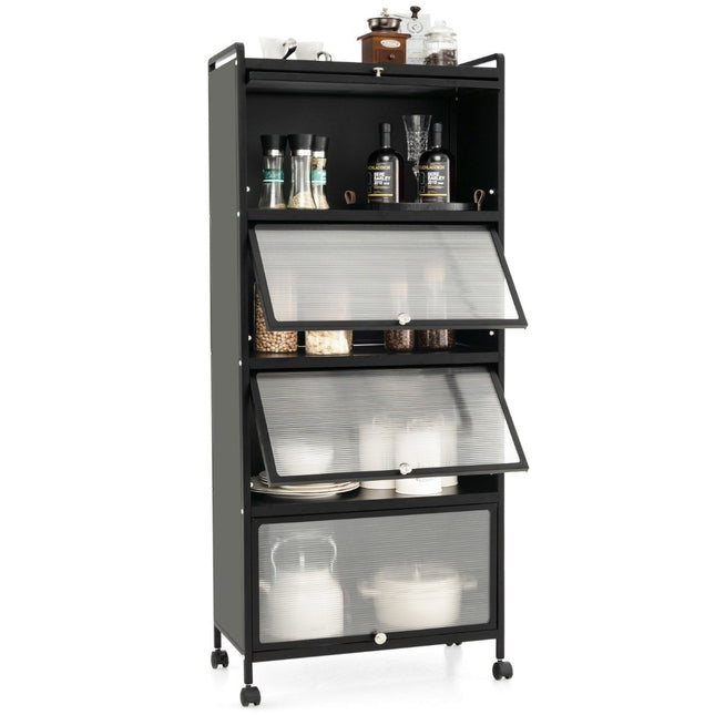 Étagère de cuisine à roulettes, support mobile pour micro-ondes avec portes battantes en PC, 60x32x154 cm, noir