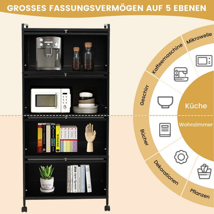 Étagère de cuisine à roulettes, support mobile pour micro-ondes avec portes battantes en PC, 60x32x154 cm, noir