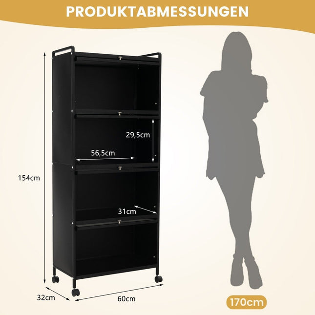 Étagère de cuisine à roulettes, support mobile pour micro-ondes avec portes battantes en PC, 60x32x154 cm, noir