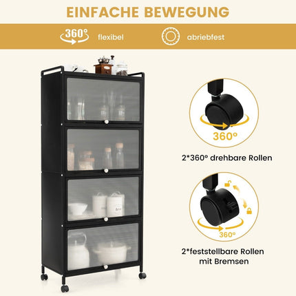 Étagère de cuisine à roulettes, support mobile pour micro-ondes avec portes battantes en PC, 60x32x154 cm, noir