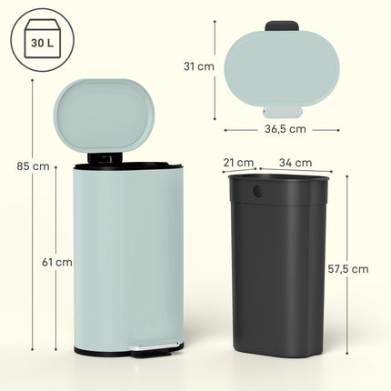 Küchenmülleimer 30 l, grüner Metall-Treteimer mit Soft-Close-Deckel