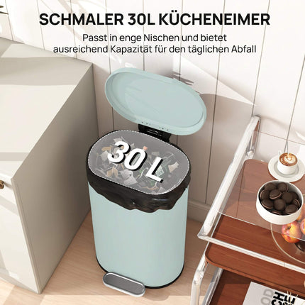 Küchenmülleimer 30 l, grüner Metall-Treteimer mit Soft-Close-Deckel