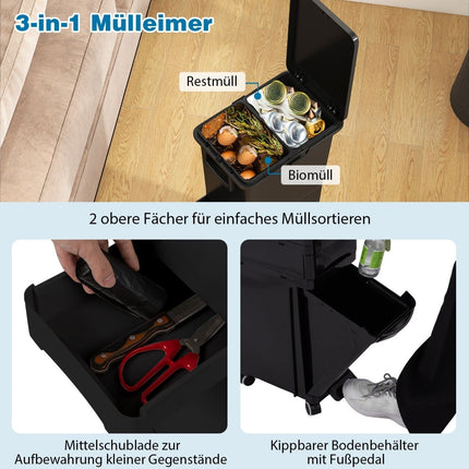 Poubelle de cuisine à 3 compartiments, noire, 4 roues