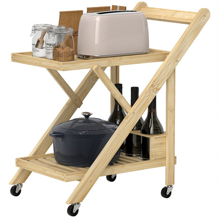 Chariot de Cuisine Chariot de Service avec Casier à Vin Plan de Travail Chariot à 2 Niveaux pour Bureau Cuisine Salon 66 x 40 x 70 cm Bambou Naturel Aosom