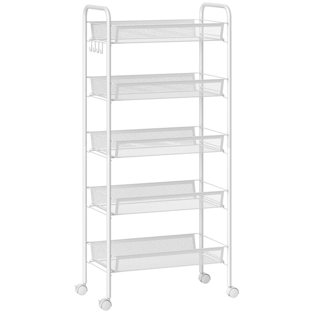 Chariot de cuisine utilitaire, 5 niveaux, en acier blanc, avec roulettes
