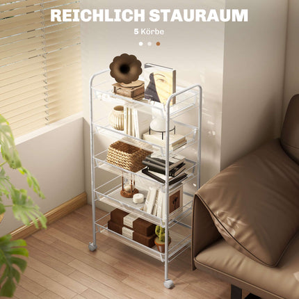 Chariot de cuisine utilitaire, 5 niveaux, en acier blanc, avec roulettes