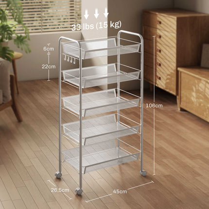 Chariot de cuisine utilitaire, 5 niveaux, en acier blanc, avec roulettes