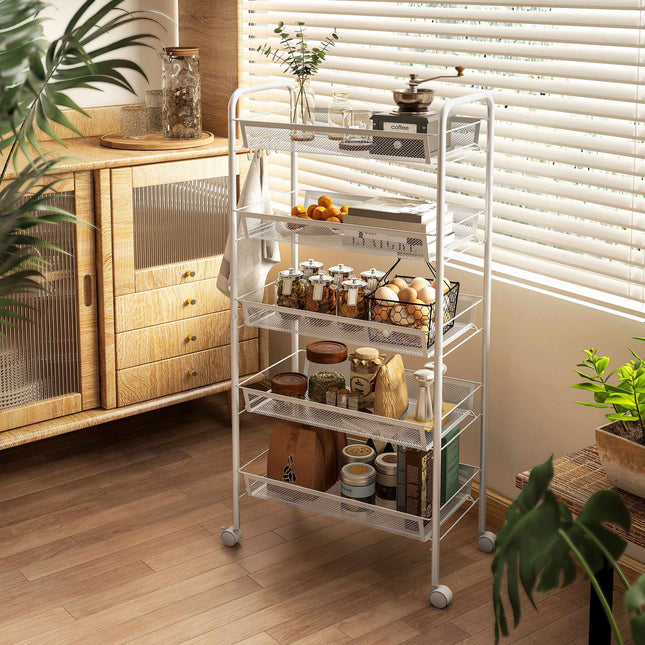 Chariot de cuisine utilitaire, 5 niveaux, en acier blanc, avec roulettes