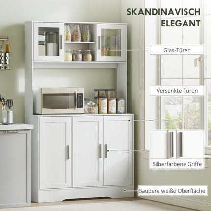 Meuble de cuisine, design scandinave, 4 placards, étagères réglables, portes vitrées, espace ouvert, aggloméré, MDF, blanc
