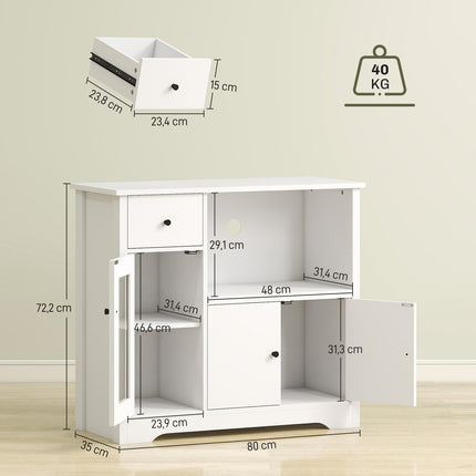Meuble de cuisine avec passe-câbles, commode à 2 tiroirs, compartiment ouvert, tiroir, 80 x 35 x 72,2 cm, aggloméré, blanc