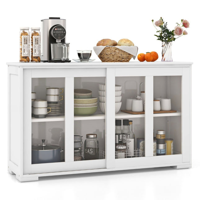 Armoire de cuisine avec portes coulissantes en verre et buffet à étagère réglable blanc