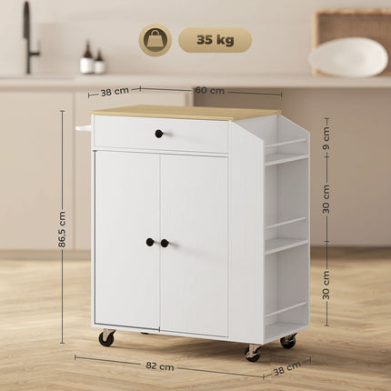 Îlot de cuisine desserte de cuisine sur roulettes avec plan de travail, tiroir, meuble de cuisine enroulable avec étagère, étagère à épices, porte-serviettes, desserte desserte de cuisine blanc
