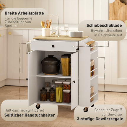 Îlot de cuisine desserte de cuisine sur roulettes avec plan de travail, tiroir, meuble de cuisine enroulable avec étagère, étagère à épices, porte-serviettes, desserte desserte de cuisine blanc