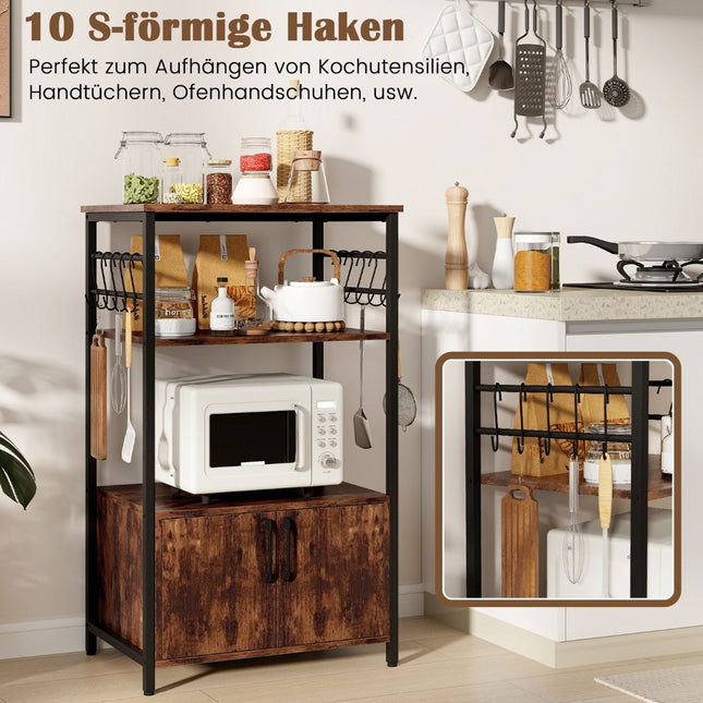 Küchenregal mit Schrank 3-stöckiges Bäckerregal mit 2 offenen Regalen &amp; 10 Haken 60 x 40 x 100 cm Braun