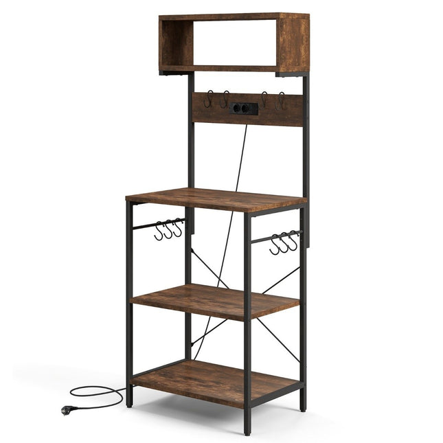 Étagère de cuisine avec prise et étagères ouvertes et 10 crochets suspendus, étagère sur pied, étagère pour micro-ondes