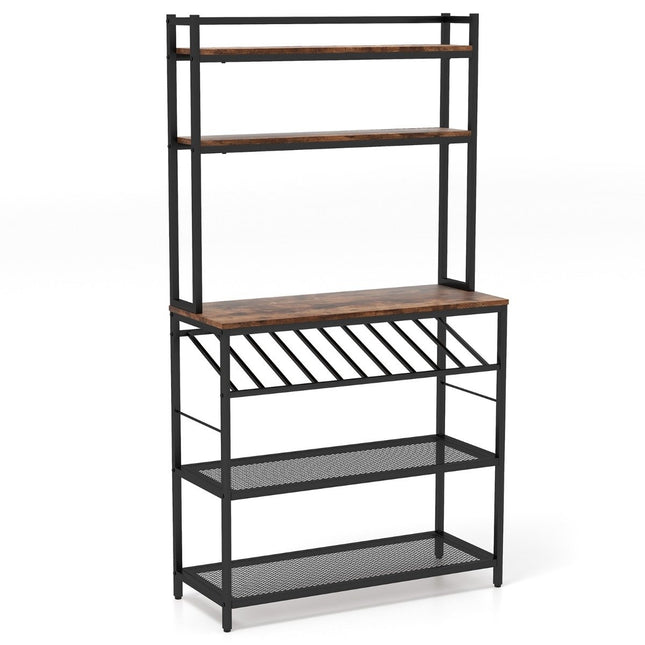 Etagère de cuisine avec porte-bouteilles jusqu'à 10 bouteilles & plan de travail & 5 étagères support de boulanger marron