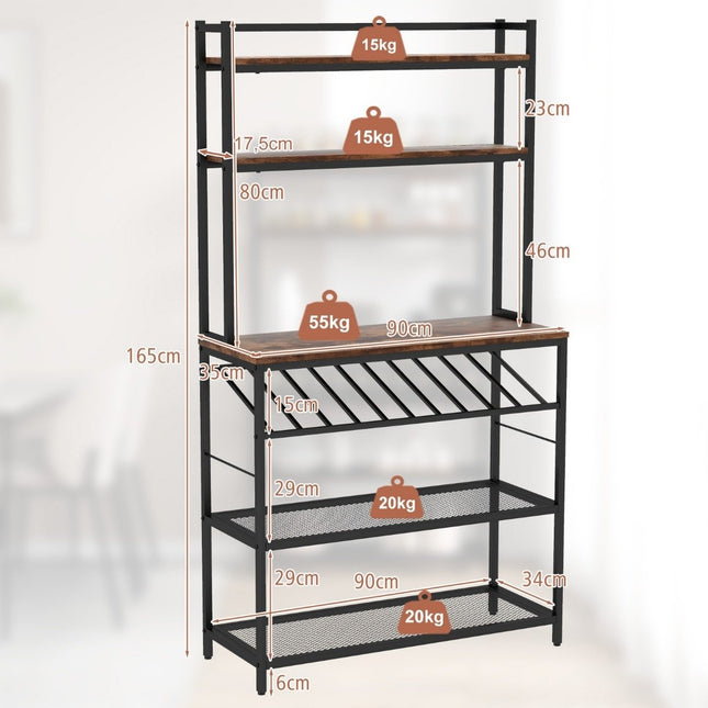 Etagère de cuisine avec porte-bouteilles jusqu'à 10 bouteilles & plan de travail & 5 étagères support de boulanger marron