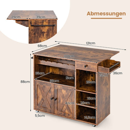 Desserte de cuisine sur roulettes Desserte de service avec plan de travail rabattable 121 x 68 x 88 cm Marron rustique