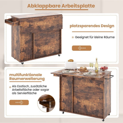 Desserte de cuisine sur roulettes Desserte de service avec plan de travail rabattable 121 x 68 x 88 cm Marron rustique