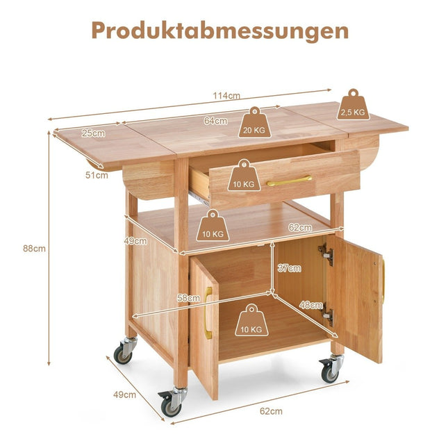 Desserte de cuisine avec plan de travail rabattable & tiroir & armoire chariot de service naturel