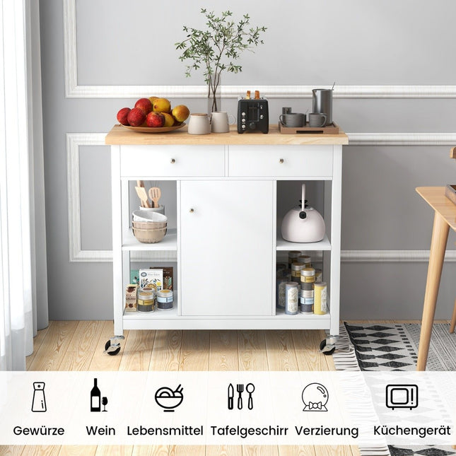Küchenwagen mit Rollen Kücheninsel mit Arbeitsplatte Servierwagen mit 2 Schubladen 99 x 46 x 90 cm Weiß
