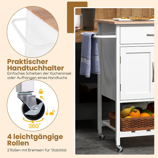 Küchenwagen mit Arbeitsplatte, Servierwagen mit Rollen, Rollwagen mit Schublade, weiß