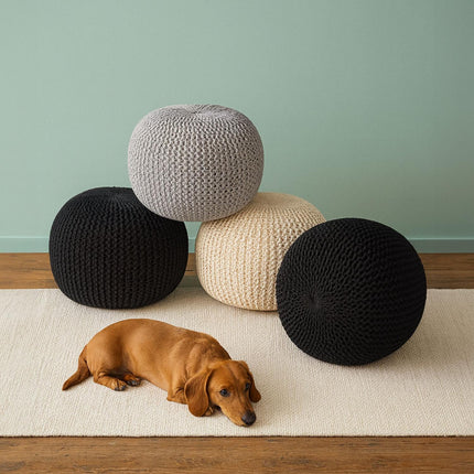 Strick-Pouf – Rund, Boho-Design, Polystyrolfüllung