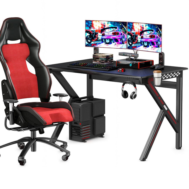 K-förmiger Gaming-Tisch mit Kopfhörerhaken, Getränkehalter und Kabelmanagement, ergonomischer Computertisch, Schwarz